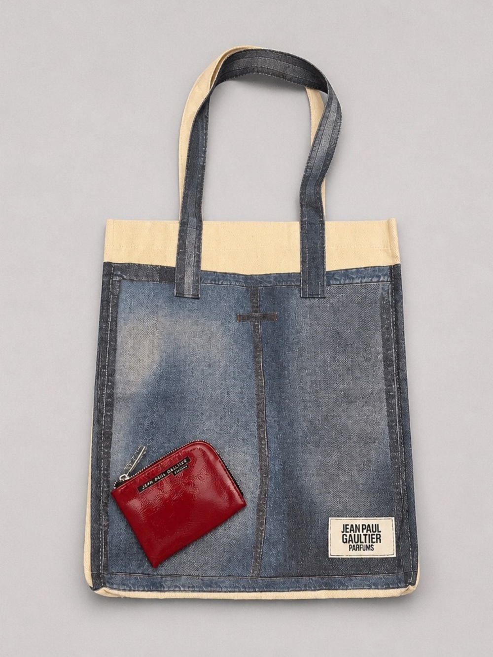 Jean Paul Gaultier Denim Tote with Cream Trim and Red Coin Pouch